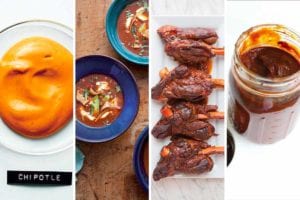 Images of four dried chile pepper recipes -- chipotle mayo, ancho chile soup, lamb shanks, and adobo sauce.