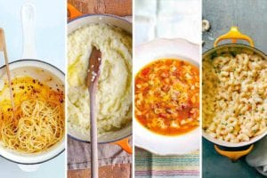 Images of four of the 6 one pot pasta recipes -- spaghetti with garlic and chile, pastina with milk, pasta soup, and 3 ingredient mac and cheese.