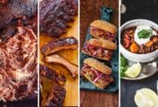 Images of four of the 14 slow cooker super bowl recipes -- slow cooker pulled pork, ribs, French dips, and chili