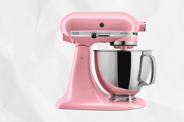 A pink KitchenAid mixer in answer to the question, 'is KitchenAid the holy grail of mixers?'