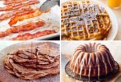 Images of four of the 18 Valentine's day breakfast in bed recipes -- baked bacon, cornmeal bacon waffles, chocolate crepes, and espresso cake.
