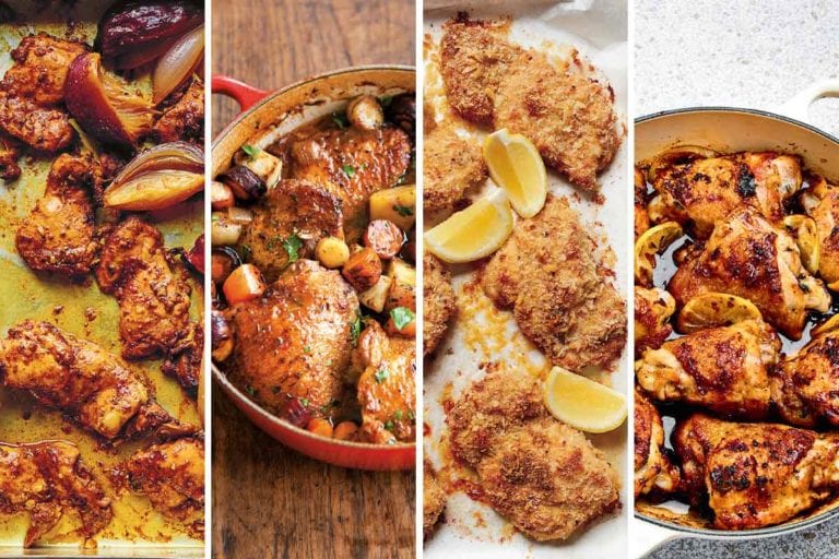 Images of 4 of the 29 chicken thigh recipes -- chicken shawarma, beer braised chicken thighs, oven fried chicken thighs, and roast lemon chicken thighs.