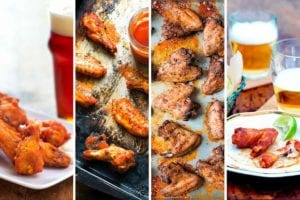 Images of four of the 14 chicken wings for every Super Bowl craving -- spicy sriracha, spicy baked chicken wings, peppery chicken wings, and tabasco chicken wings.