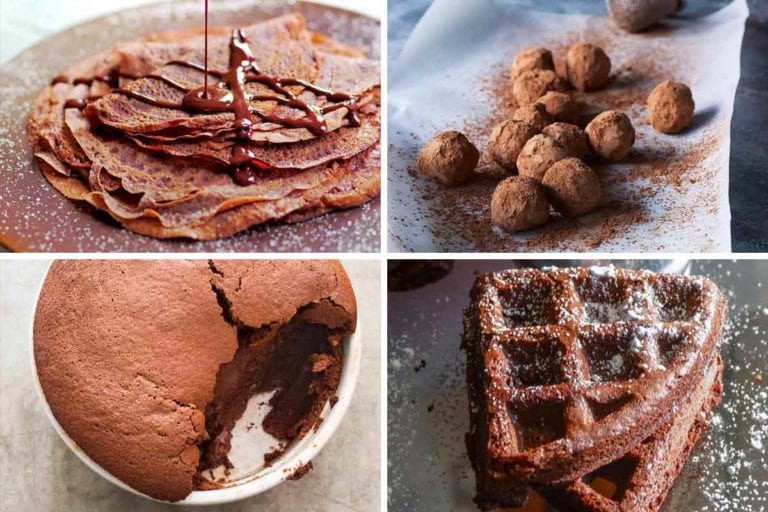 Four of the 18 chocolate recipes -- chocolate crepes, chocolate truffles, souffle, and chocolate waffles.