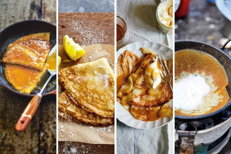 Images of four of the 8 elegant yet easy crepe recipes -- crepes suzette, basic crepes, crepes dentelles, and Burmese crepes.