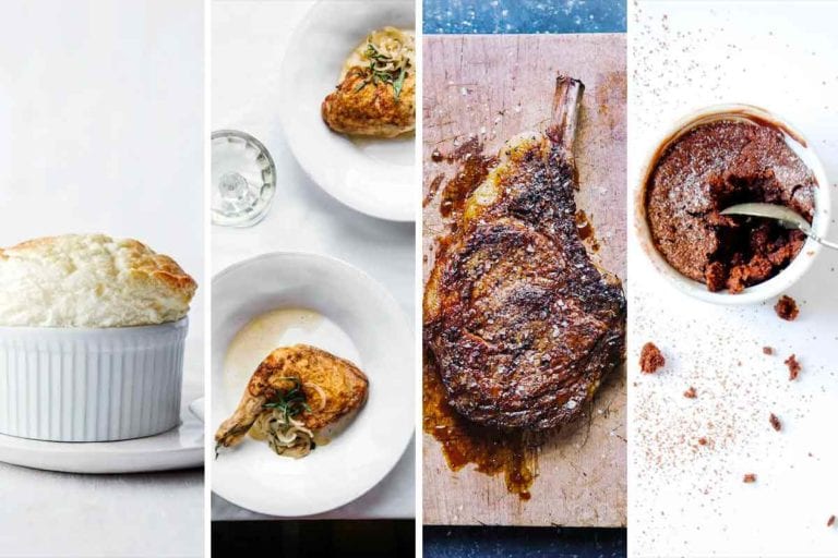 Images of four of the 26 Valentine's day recipes for a date night at home -- parmesan souffles, tarragon chicken, salt and pepper ribeye, and double chocolate souffles.