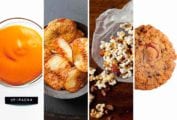 Images of 4 of the 10 Super Bowl Snacks recipes -- sriracha mayo, baked potato chips, popcorn with bacon fat, and compost cookies.