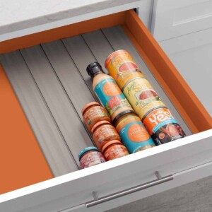 Spice Drawer Liner in drawer with cans and jars.