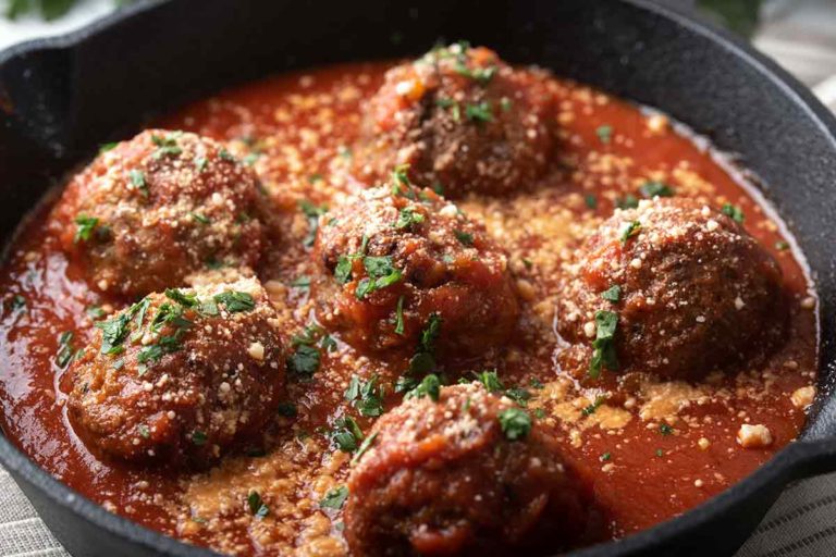 Instant Pot meatballs in tomato sauce in a cast-iron skillet