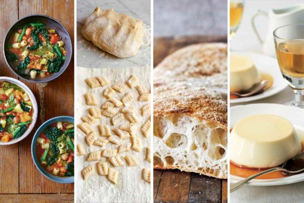 Images of four of the 35 classic Italian recipes -- minestrone, potato gnocchi, ciabatta, and panna cotta.