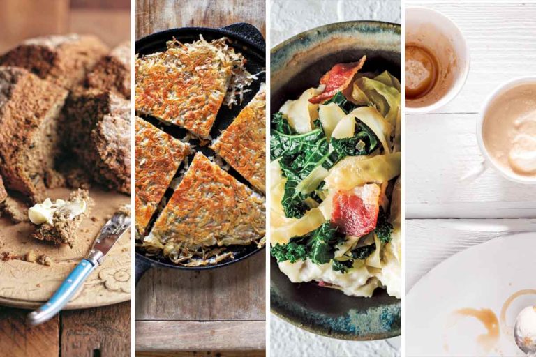 Images of 4 of the 15 Irish-inspired recipes -- soda bread, pan boxty, colcannon, and Irish coffe.