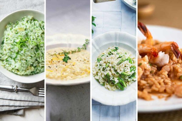 Images of four of the 10 risotto recipes -- spinach and arugula risotto, lemon and thyme risotto, asparagus risotto, and shrimp risotto.