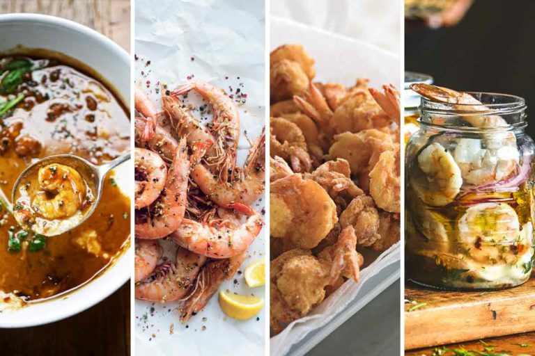 Images of 4 of the 32 shrimp recipes -- creole shrimp, salt and pepper shrimp, bayou fried shrimp, and pickled shrimp.