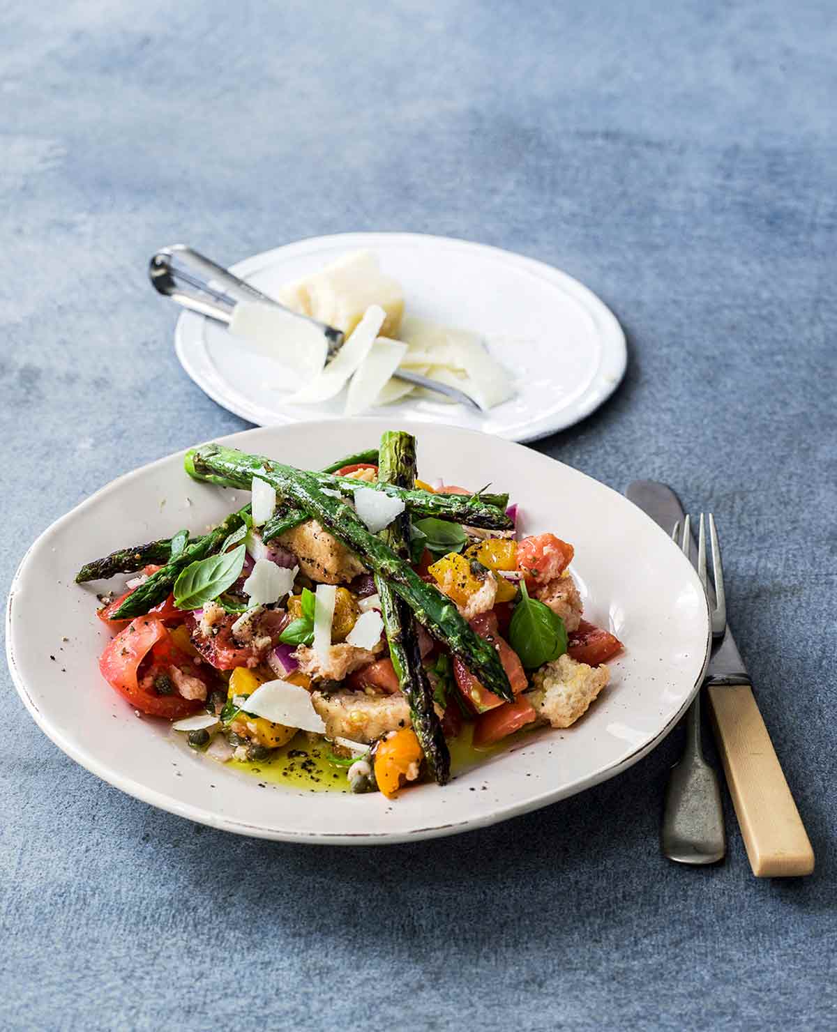 A white plate topped with a spring panzanella made with tomatoes, bread, asparagus, and Parmesan. A small plate of additional shaved Parmesan sits beside it.