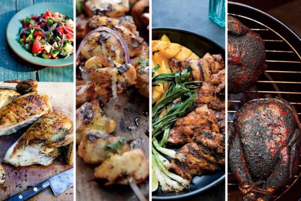 Images of 4 of the 14 grilled chicken recipes -- grilled Greek chicken, Greek chicken skewers, chicken tacos with mango, and smoked chicken.