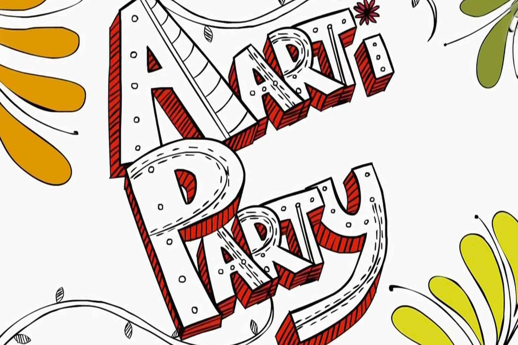 An illustration with block letters that spell out 'Aarti Party'.