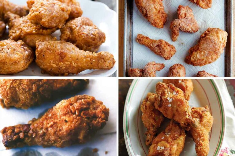 Images of 4 of the 22 fried chicken recipes -- batter fried chicken, gluten free fried chicken, crispy fried chicken, Southern fried chicken wings.