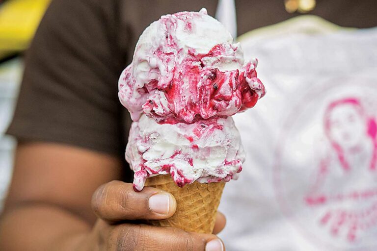 A person holding an ice cream cone with 2 scoops of blackberry ice cream.