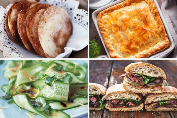 Images of 4 of the best Jamie Oliver recipes -- tortas, chicken pot pie, cucumber salad, and steak sandwiches.