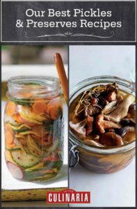 A 2 part grid with a jar of pickled vegetables and a jar of pickled mushrooms.
