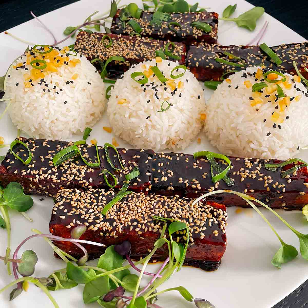 A white platter with slices of tofu in a deep red sauce, with 3 withe rice balls, all covered with sesame seeds, green onions, and pea shoots.