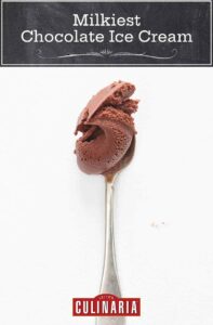 A silver spoon holding a large scoop of the milkiest chocolate ice cream in the world.