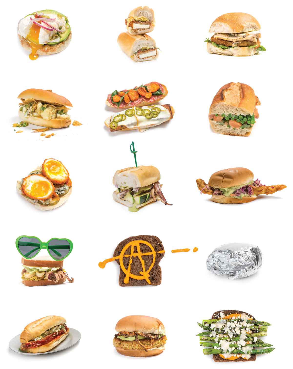 A grid of 15 perfect sandwiches