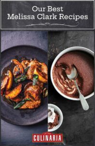 A grid of 2 Melissa Clark recipes. Pork scallopini with apples and chocolate pudding.