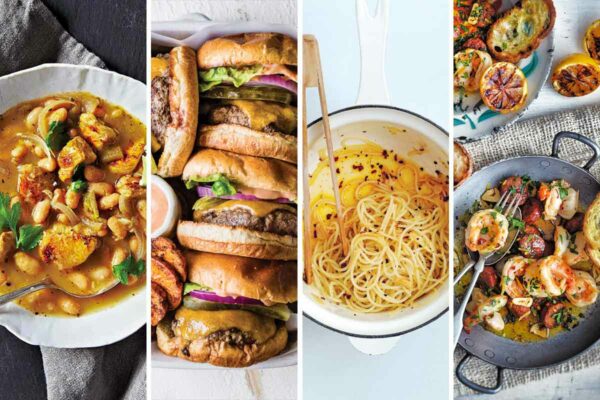 A grid of 4 images--quick chicken chili in a white bowl, a row of sheeseburgers with everything sauce, spaghetti with garlic and Chile flakes in a white enamel pot, and a metal wok with shrimp and chorizo.