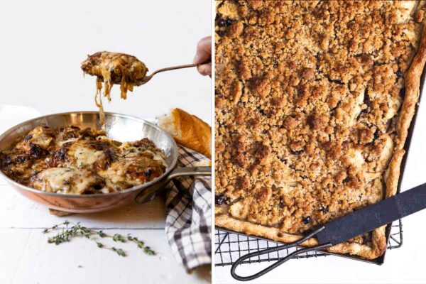 Most popular October recipes 2021 images in a grid, including French onion skillet chicken and caramel apple slab pie.