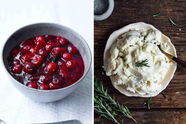 Vegan Thanksgiving recipe bring including spiced cranberry sauce and vegan mashed potatoes.