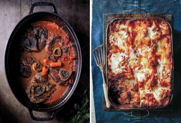 Two dishes: veal osso bucco in a black pot and a rectangular pan of meatball lasagne
