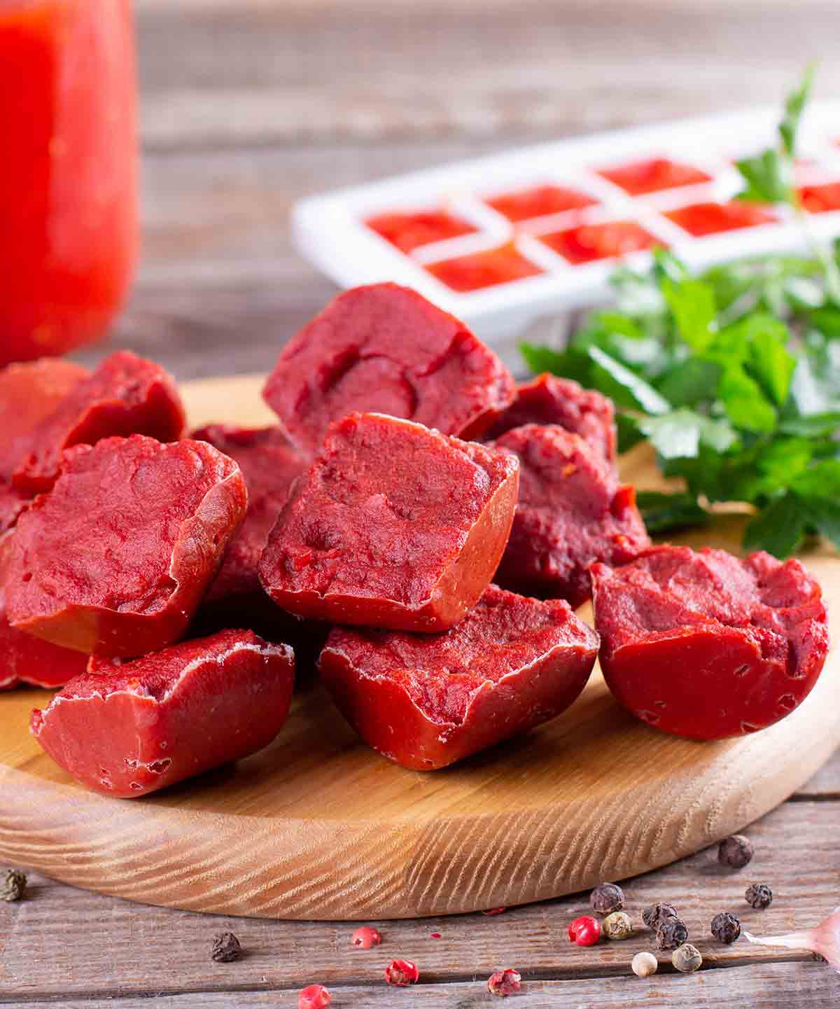 A cutting board with frozen chunks of tomato paste on it