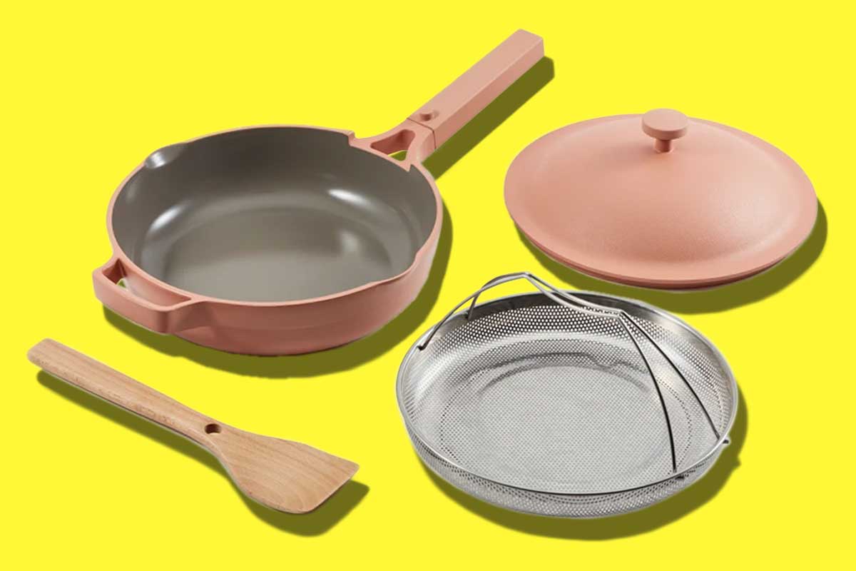 A ceramic skillet, lid, and insert in response to the question 'is it safe to cook in a nonstick skillet?' on a yellow background