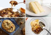 Four images from our most popular recipes of 2021 -- French onion skillet chicken, white chocolate cake, chocolate chip cookies, and French onion potato gratin.