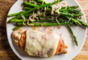 A white plate with prosciutto-wrapped chicken with asparagus on the site