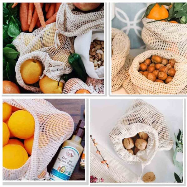 Reusable Mesh Produce Bags with hazelnuts, walnuts, oranges.