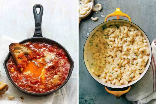 Two dishes--Eggs in Hell and Three-Ingredient Mac and Cheese--side by side