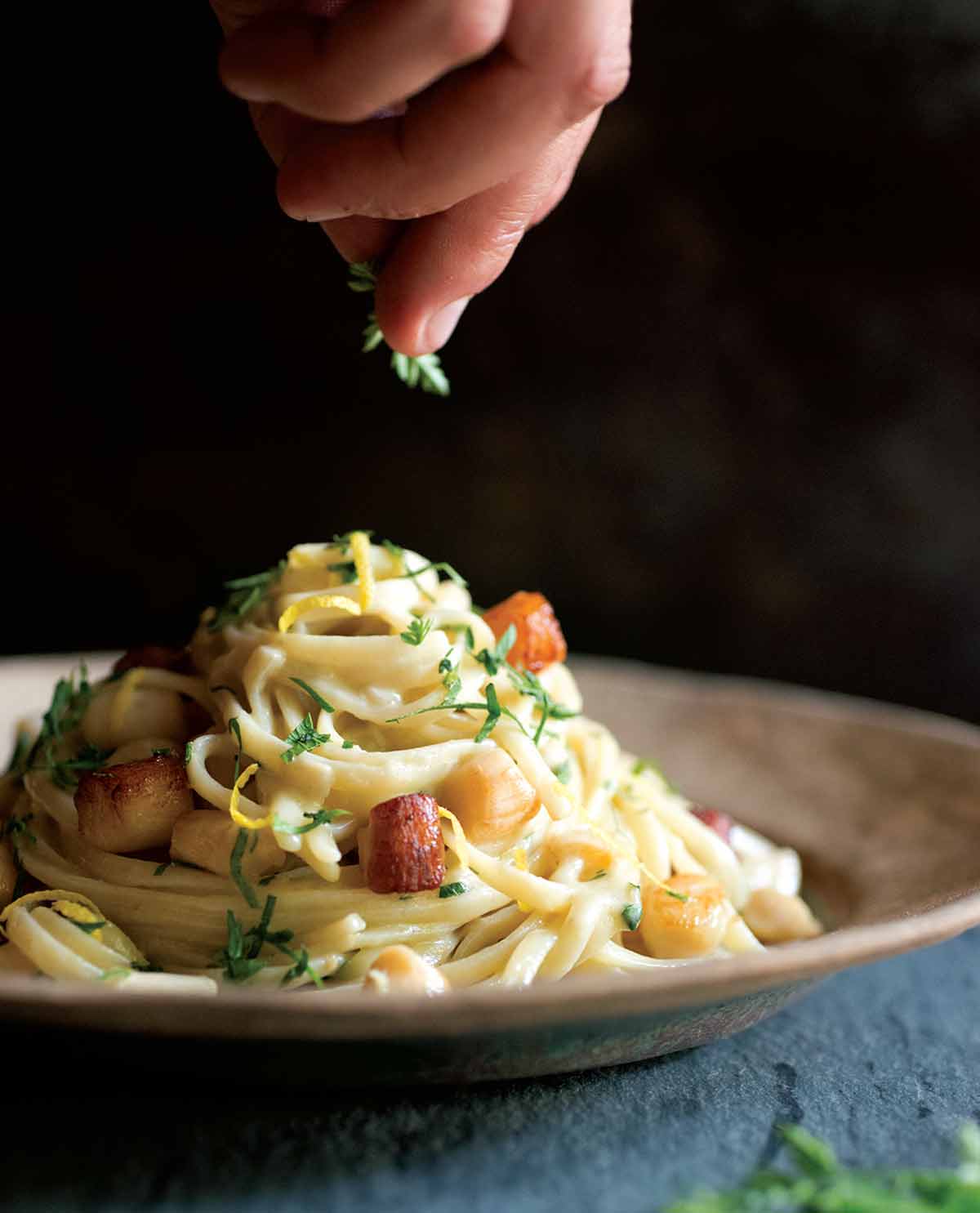 A tangle of fettuccine with scallops finished with lemon zest and chervil on a brown plate.