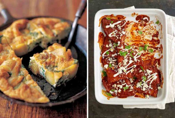 Two images: broccolini and potato frittata and cheese enchiladas