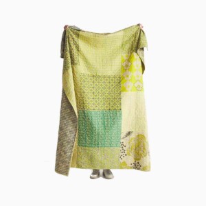 Upcycled Kantha-Stitched Throw Blanket yellow.