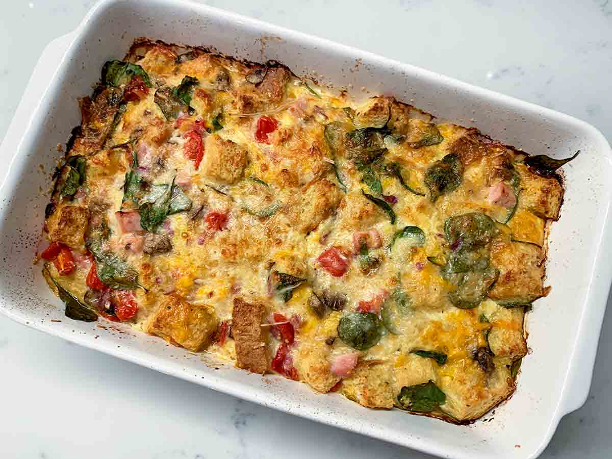 A rectangular casserole dish filled with easy breakfast strata