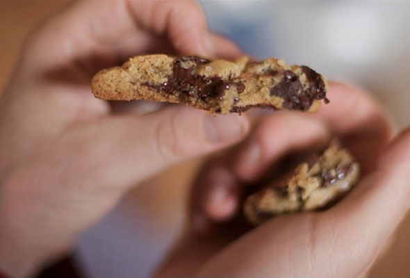 A person holding a gluten-free chocolate chip cookie broken in half.