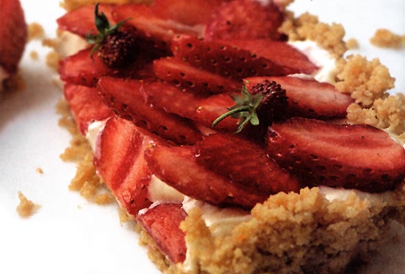 A slice of strawberry mascarpone tart.